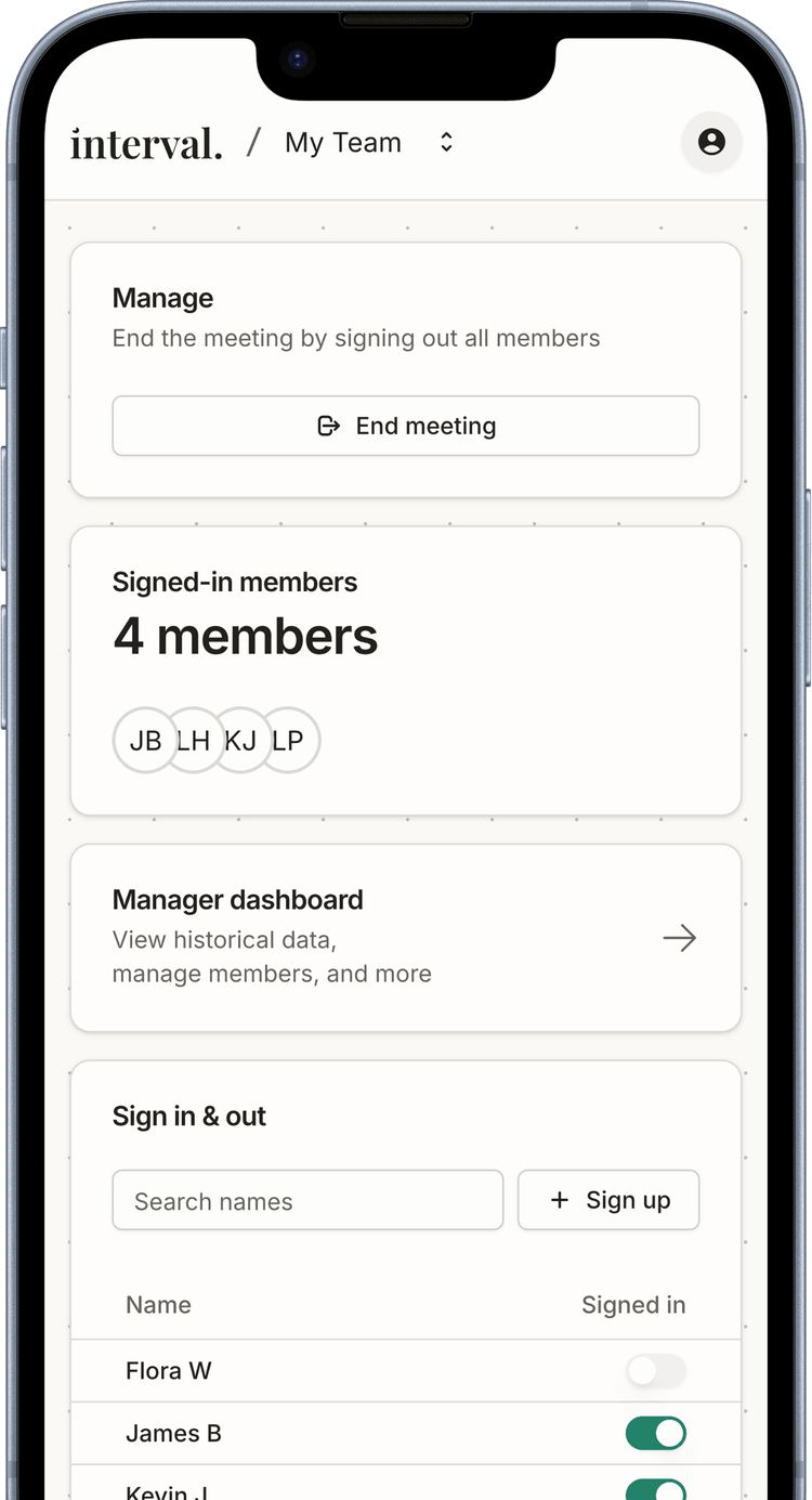 A screenshot of the Interval attendance form on a smartphone